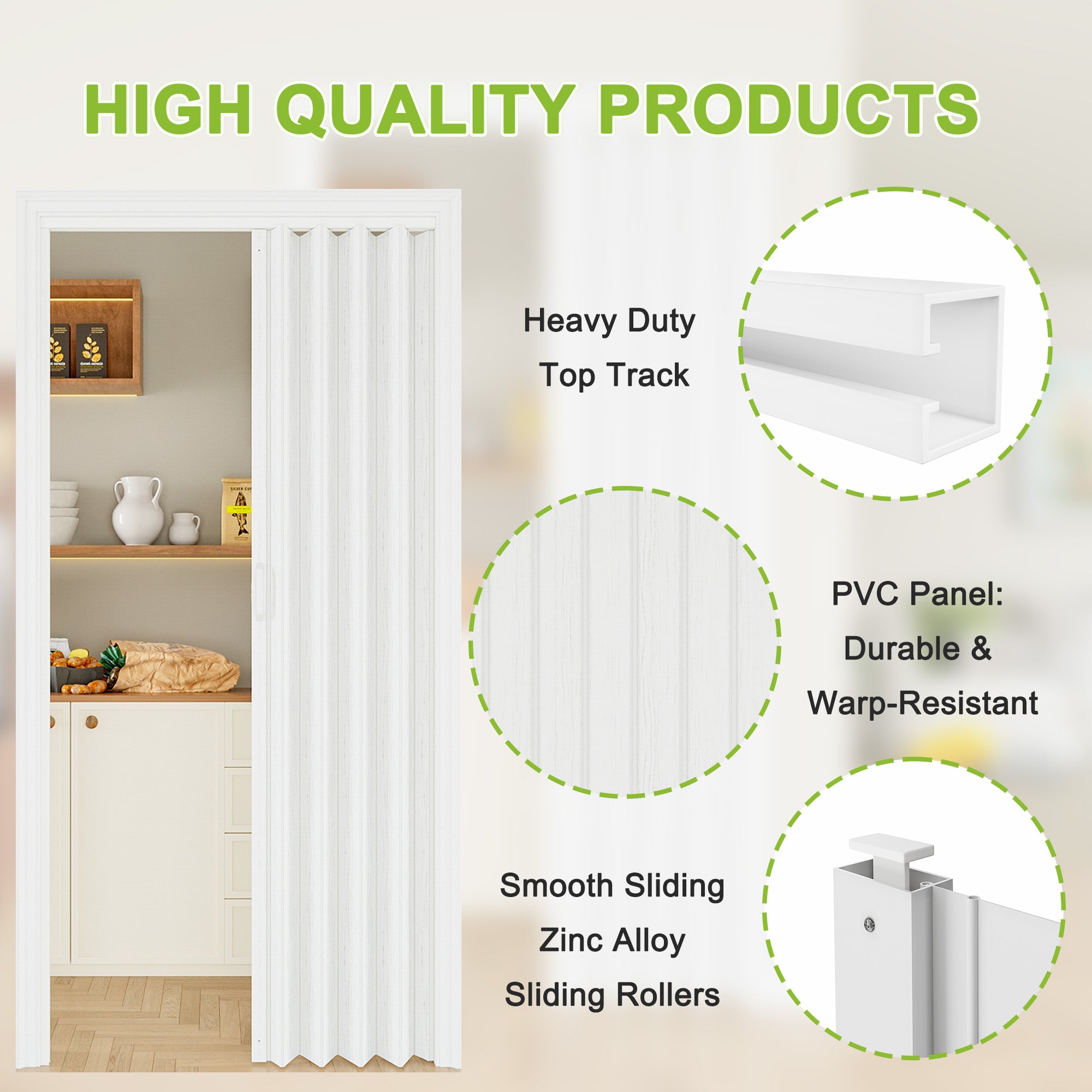Single Layer Accordion Door with Handles & Magnetic Lock, White Vinyl