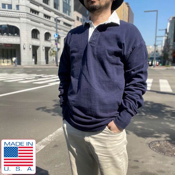 80s USA製 L.L.Bean 長袖 ラガーシャツ 紺系×白 L ネイビー LLビーン