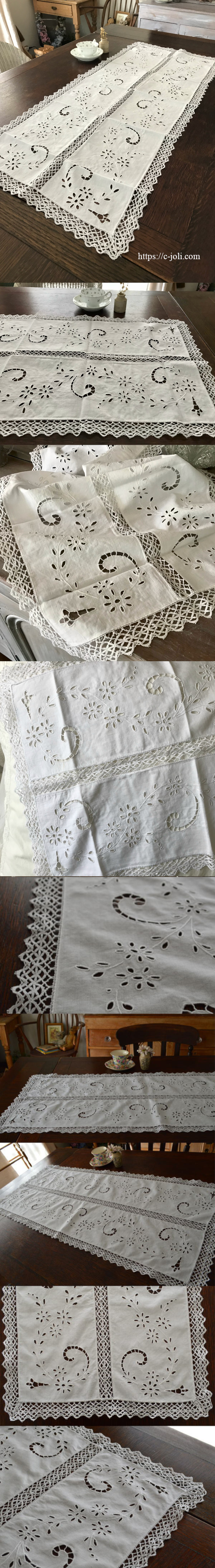 T1844 フランスアンティークテーブルランナー カットワーク手刺繍