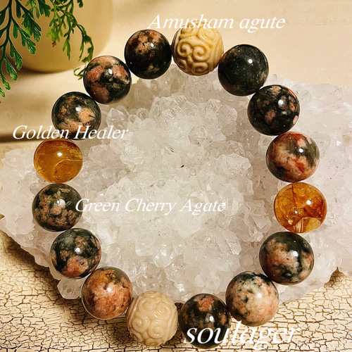 K005】天然石ブレスレット♡緑桜瑪瑙♡回紋珠♡ ブレスレット Soulager