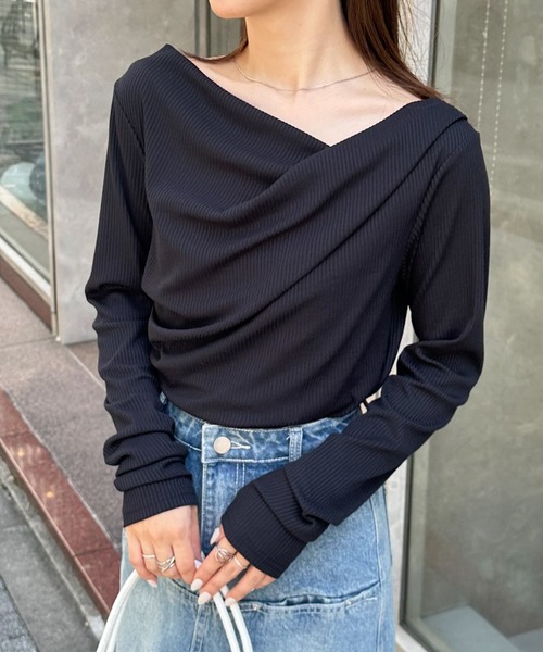 セール】［26SS新色追加］2WAYドレープオフショルリブロンT（Tシャツ