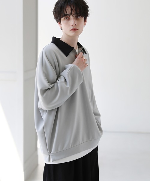 セール】ドルマン襟配色ハーフジップポンチ/フェイクスウェードプル