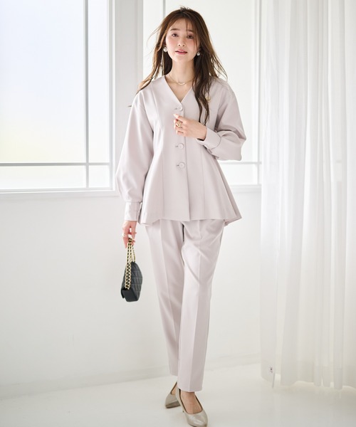 セール】【2点セット】洗える/防シワ Vネックペプラムセットアップ[S