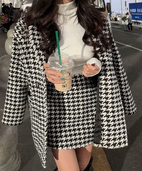 千鳥柄ジャケット×ミニスカート 2点セット（セットアップ）｜GLAMOROUS