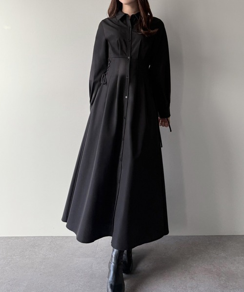 セール】レースアップタックフレアシャツワンピース（シャツワンピース