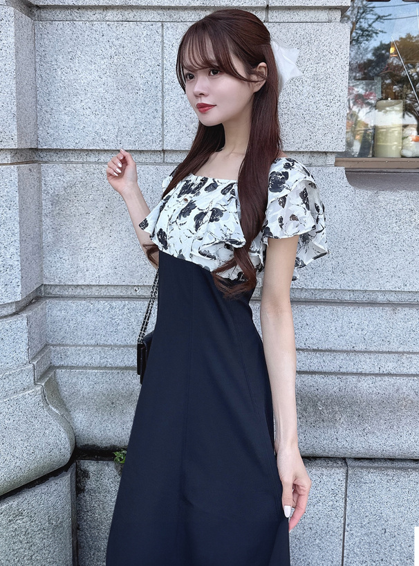 ローズ柄フリルブラウスドッキングフレアワンピース[pm587