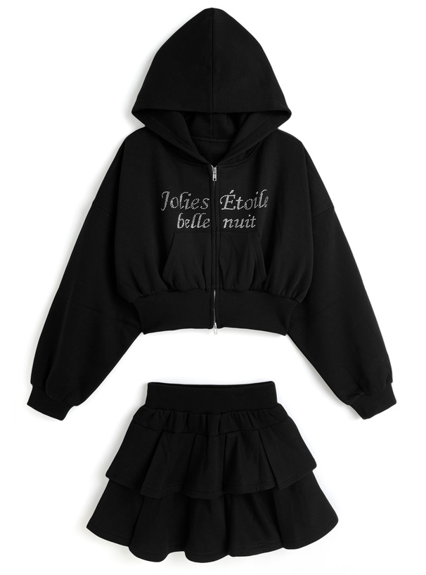 ラインストーンダブルジップパーカー×ティアードミニスカート