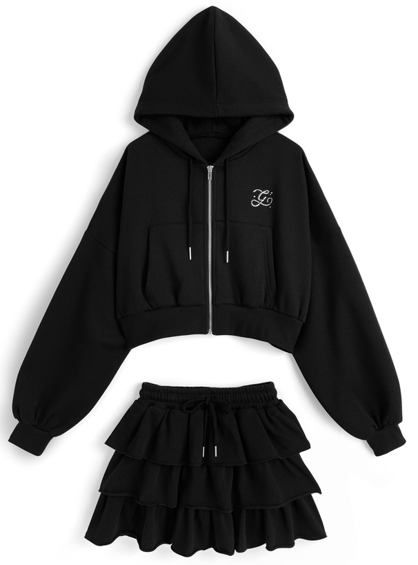 ラインストーンロゴパーカー×ティアードフリルミニスカート[pm744