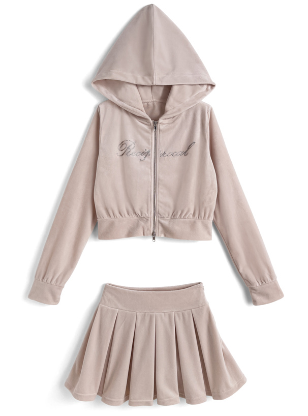 ラインストーンロゴダブルジップパーカー×インパン裏地付きフレアミニ