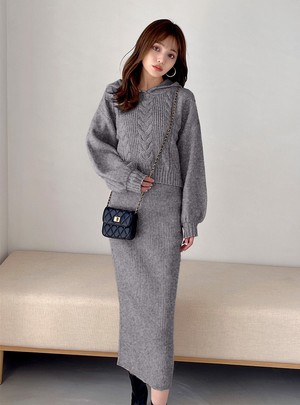 ケーブル編みパーカーXタイトスカートニットセットアップ[rut888