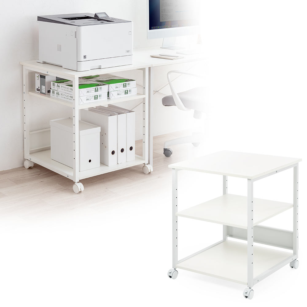 プリンター台（ラック・ワゴン・キャスター・収納・3段・木製・白