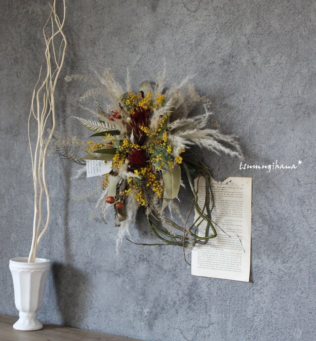 ミモザとプロテアの雲竜柳リース№1 ドライフラワーリース ミモザ