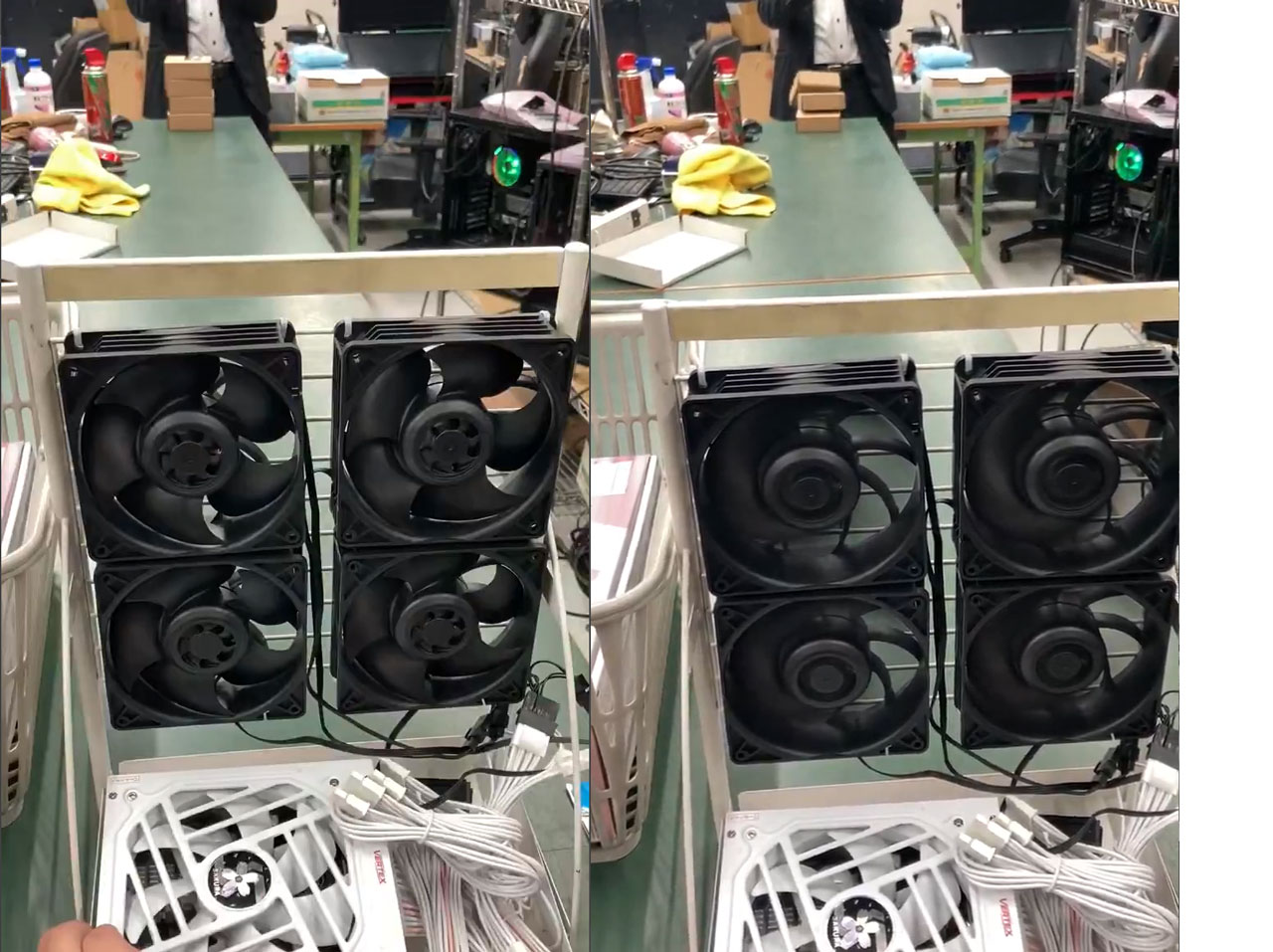 Arctic's new 8,000 RPM case fans blow a pile of boxes off a table