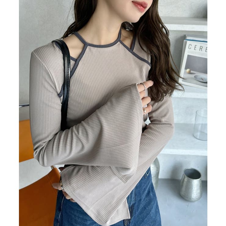 ホルターネック風 ストラップ リブインナー 長袖トップス[品番