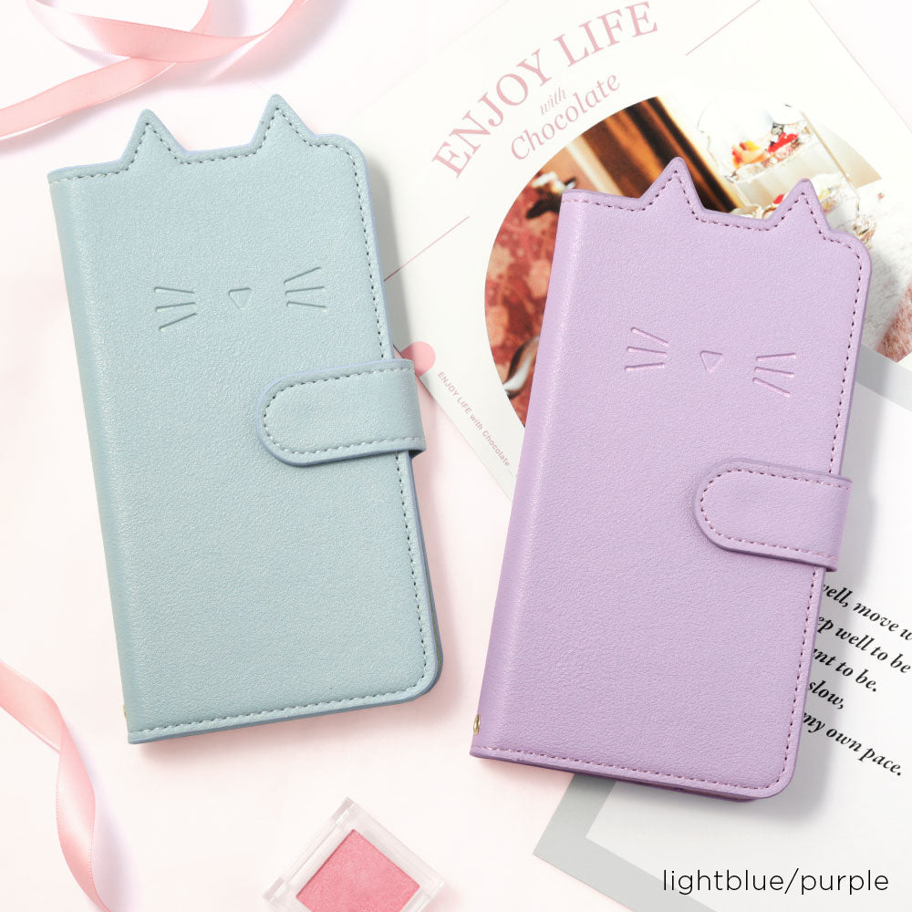 ヴィーガンレザー ネコモチーフ スタンド機能 手帳型ケース（ベルト