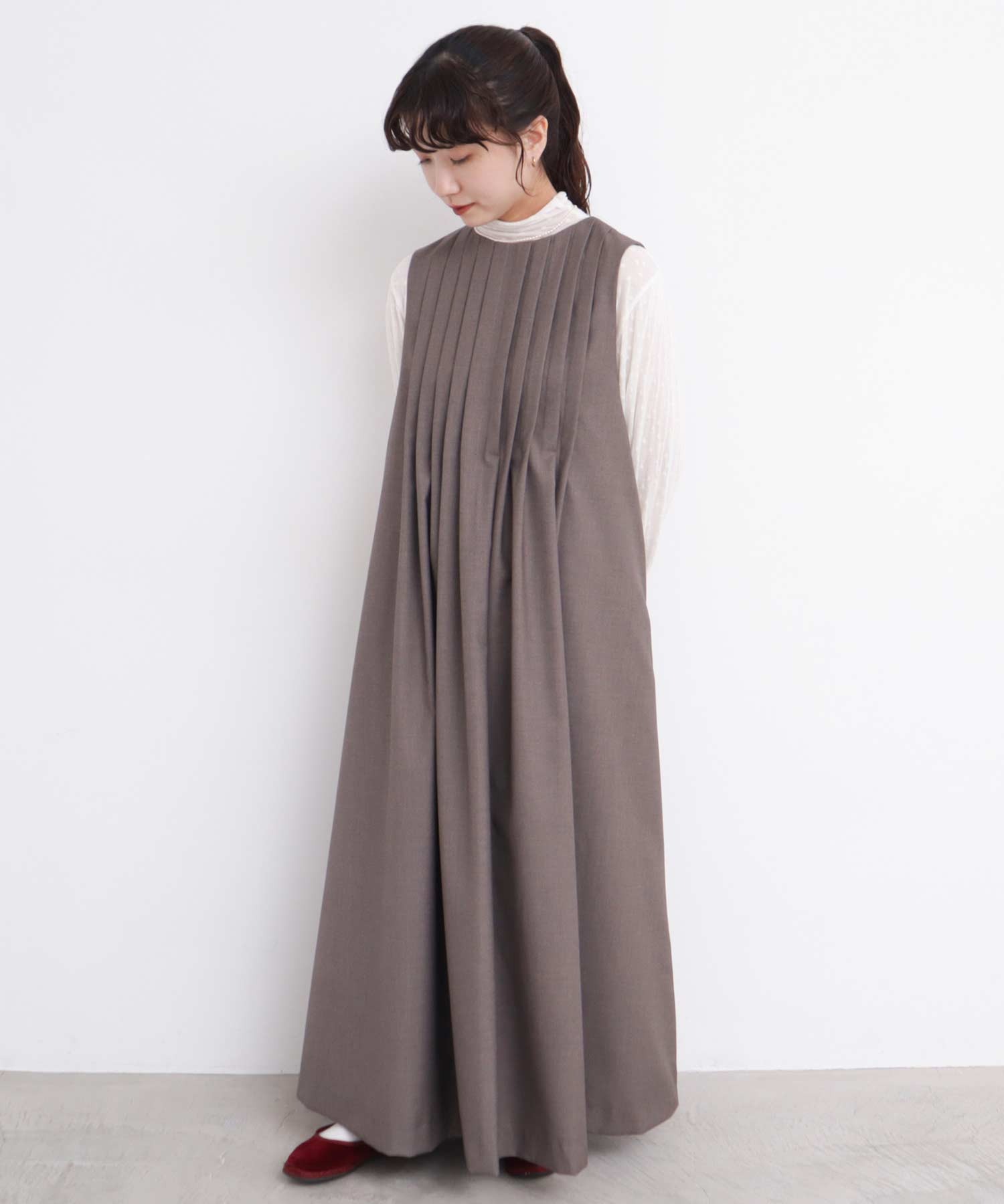 AMBIDEX Store ○TRプリーツタック ノースリワンピース(F クロ): l