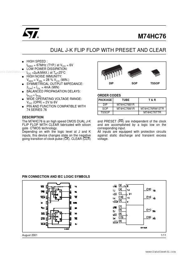 74HC76 Datasheet (DUAL J-K FLIP FLOP) | STMicroelectronics