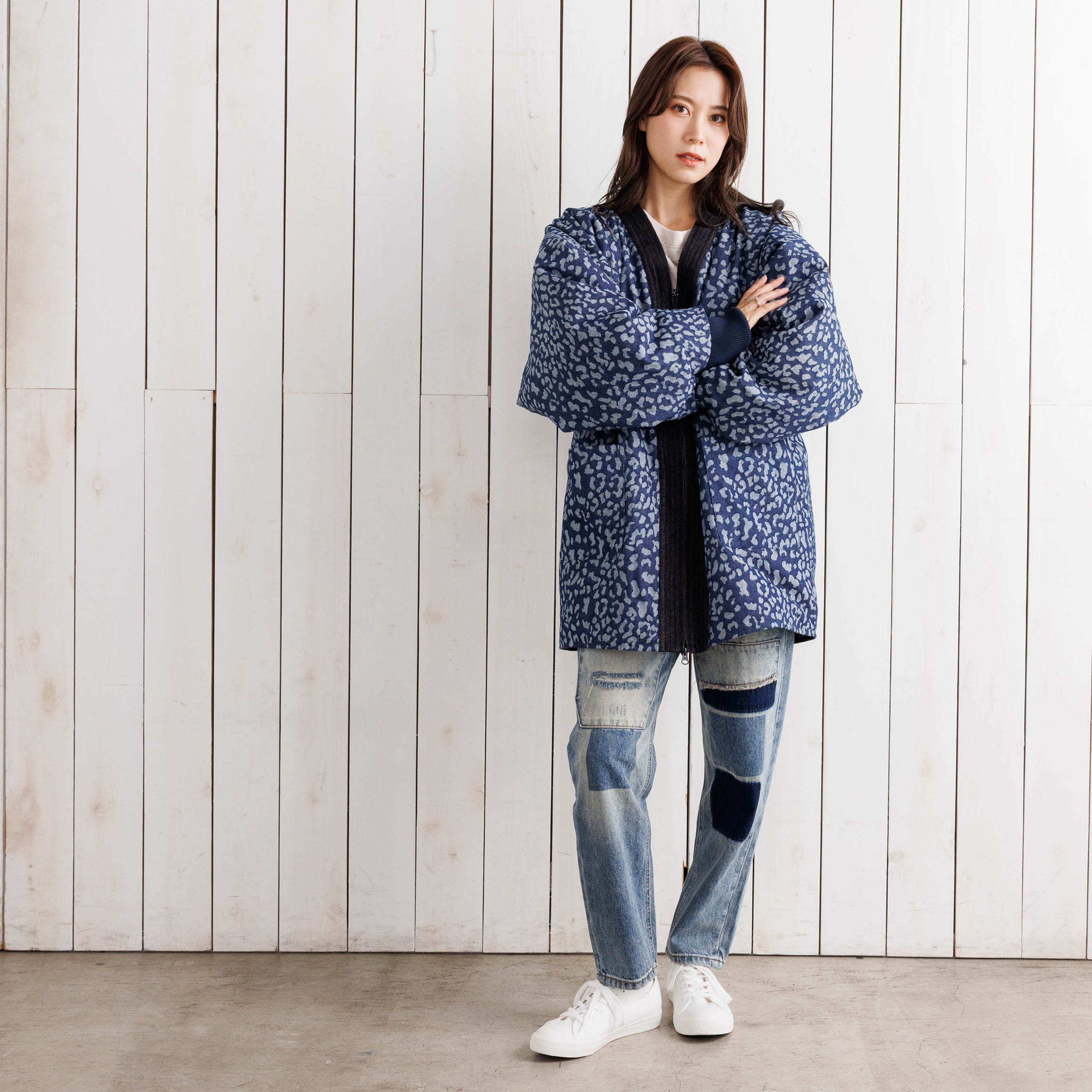 寒風寒波上等デニム半纏（ハンテン）ヒョウ柄ジャガード | Godisru