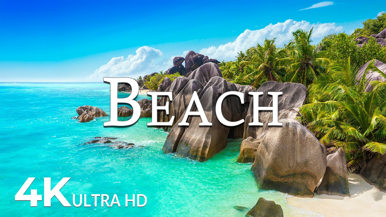 FLYING OVER BEACH (4K UHD) – Soothing Music Along With Beautiful