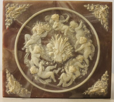Vintage Incolay Stone Composite Jewelry Box With Tray Cherub