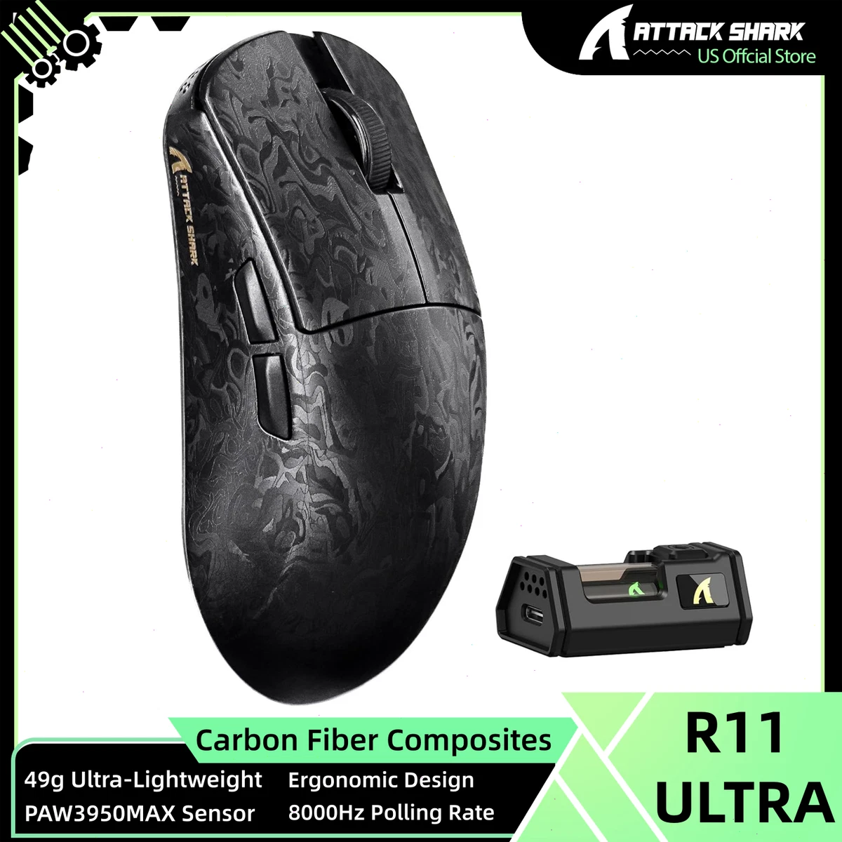 ATTACK SHARK R11 Ultra 8K Carbon Fiber Wireless Gaming Mouse