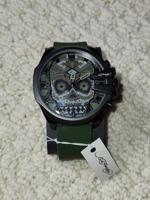Men's Ed Hardy Green Skull Face Watch Black Silicone Band 53mm | eBay