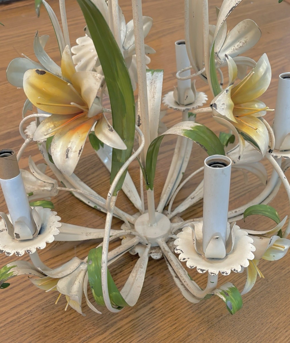 Vintage 60s Chandelier Painted Italian Flower Lily Hollywood