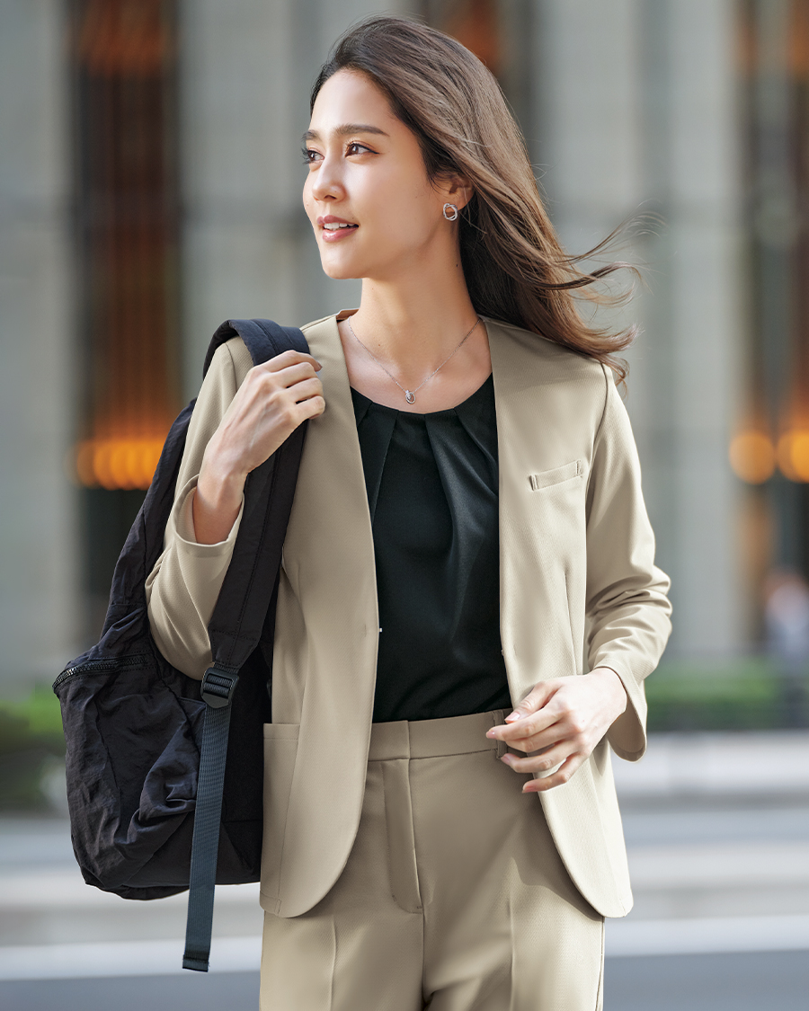 ノーカラージャケット【リサイクルニット】・ベージュ Mon Panier