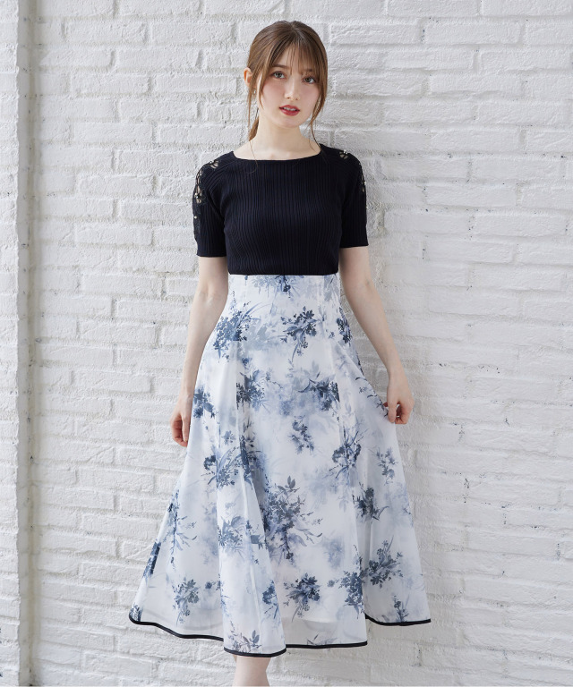 バックレースアップ水彩フラワーレイヤードプリントフレアスカート