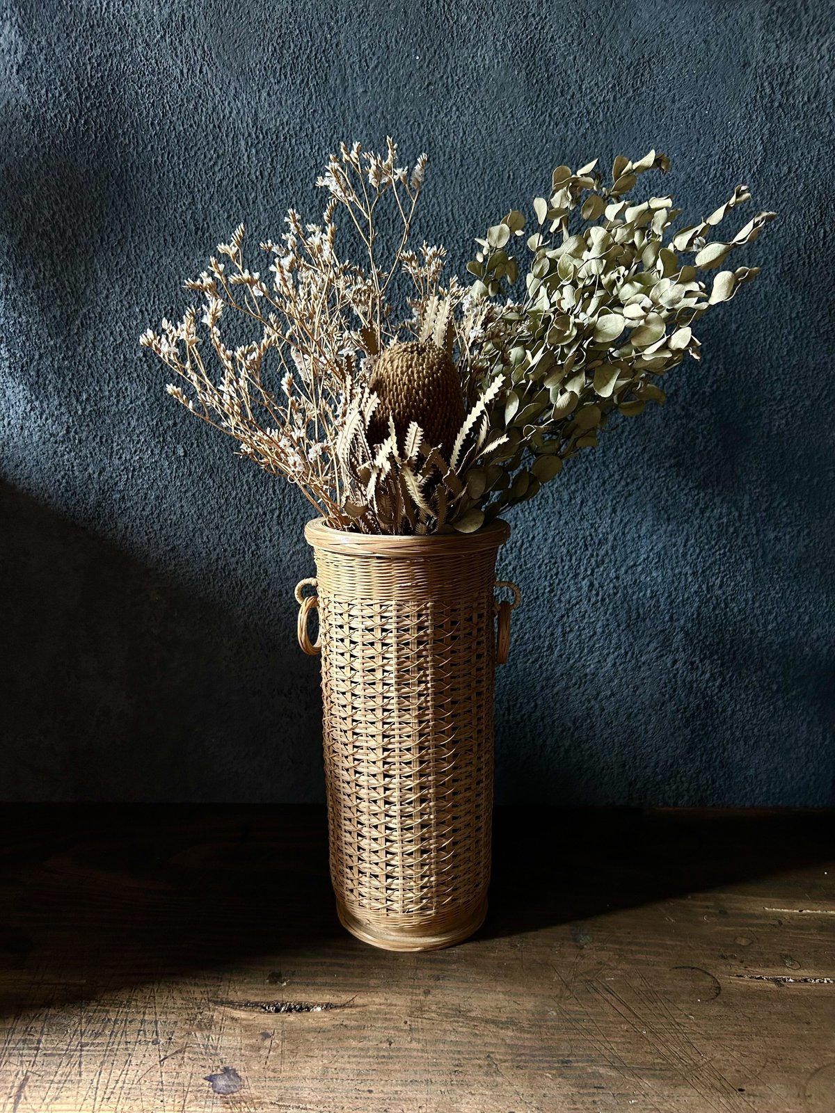 籐編みのフラワーベースJ/筒型/昭和レトロ | 骨董・アンティークの