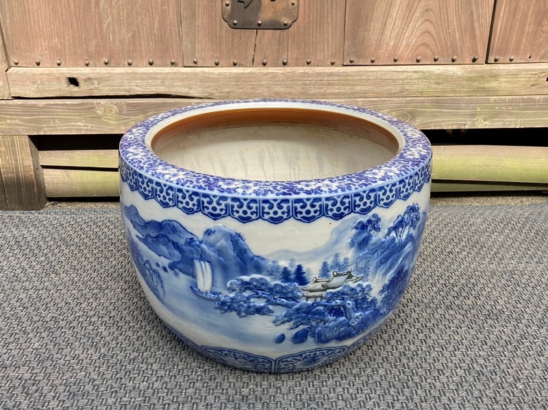 特大 火鉢 陶器鉢 睡蓮鉢 染付 有田焼 在銘 花 金魚鉢 骨董