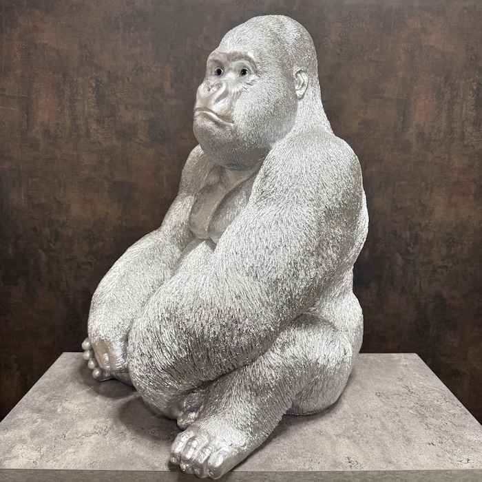 置物 お座り特大プレミアム銀色ゴリラ グッズ 巨大オブジェ シルバー