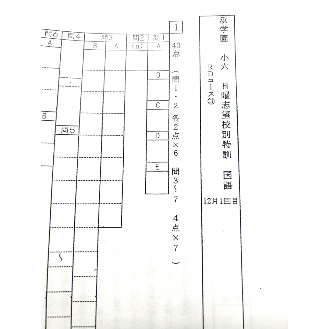 浜学園 小6 日曜志望校別特訓 11.12月 RDコース 復習テスト、実践