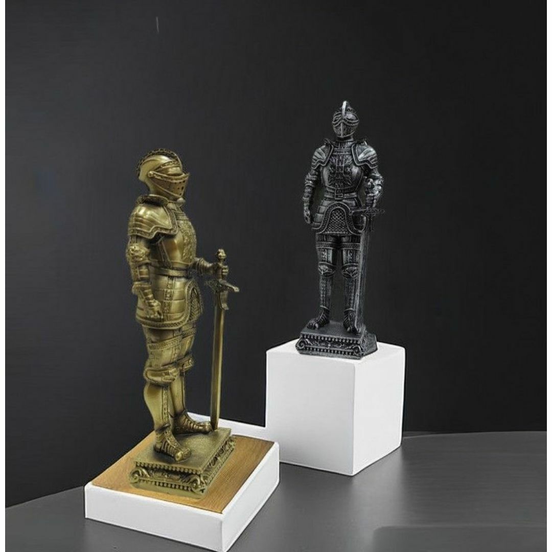 中世の騎士像 鎧 ナイト 樹脂彫刻 フィギュア シルバー アンティーク風