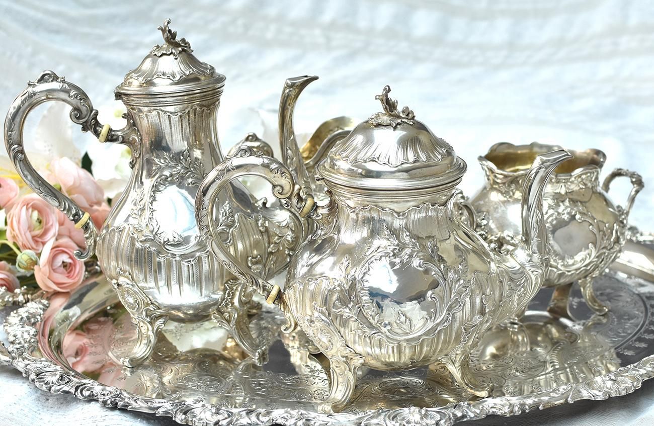 仏アンティーク銀器（+ドイツ銀）ティーサービス4点セット ピュイ