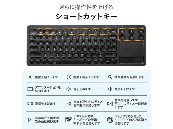 サンワ、iPhone/iPadで使えるタッチパッド付きのBluetoothキーボード