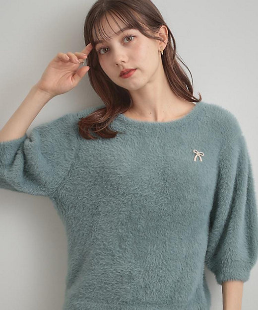 着映え・5分袖・フェミニン】ラメフェザー半袖ニット