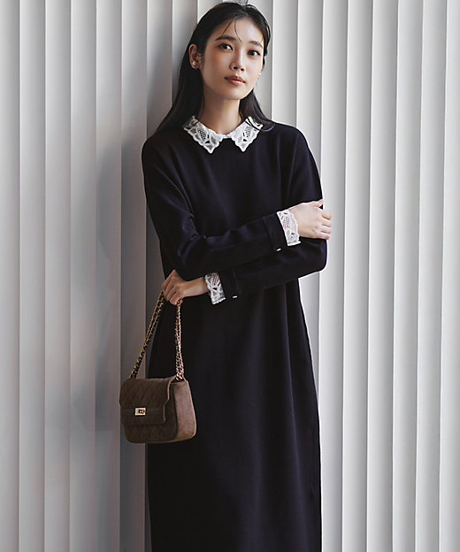 洗える／吊り干しOK】レーヨンストレッチ レース襟 ワンピース