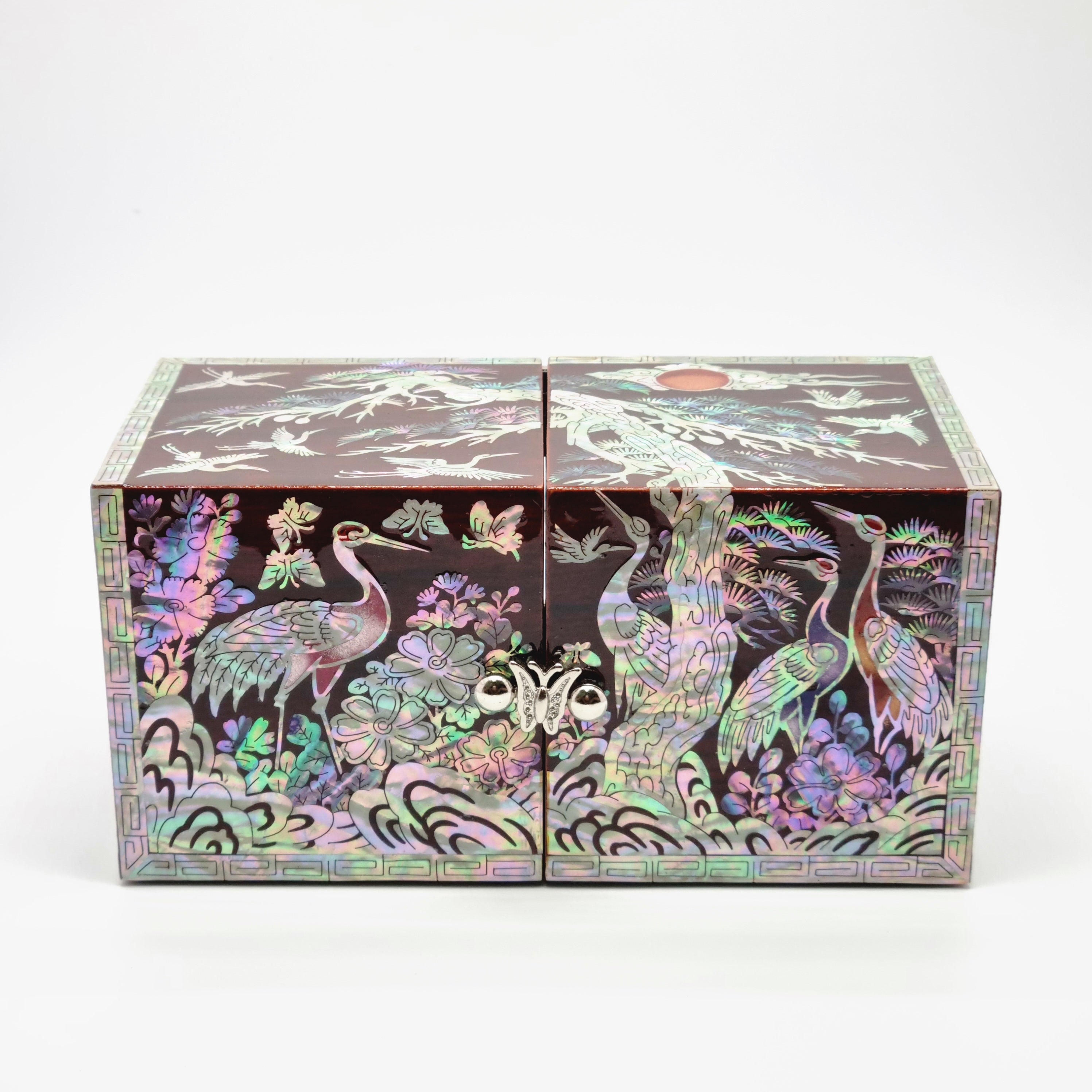 Korean stunning red songhaks mother-of-pearl jewelry box crane