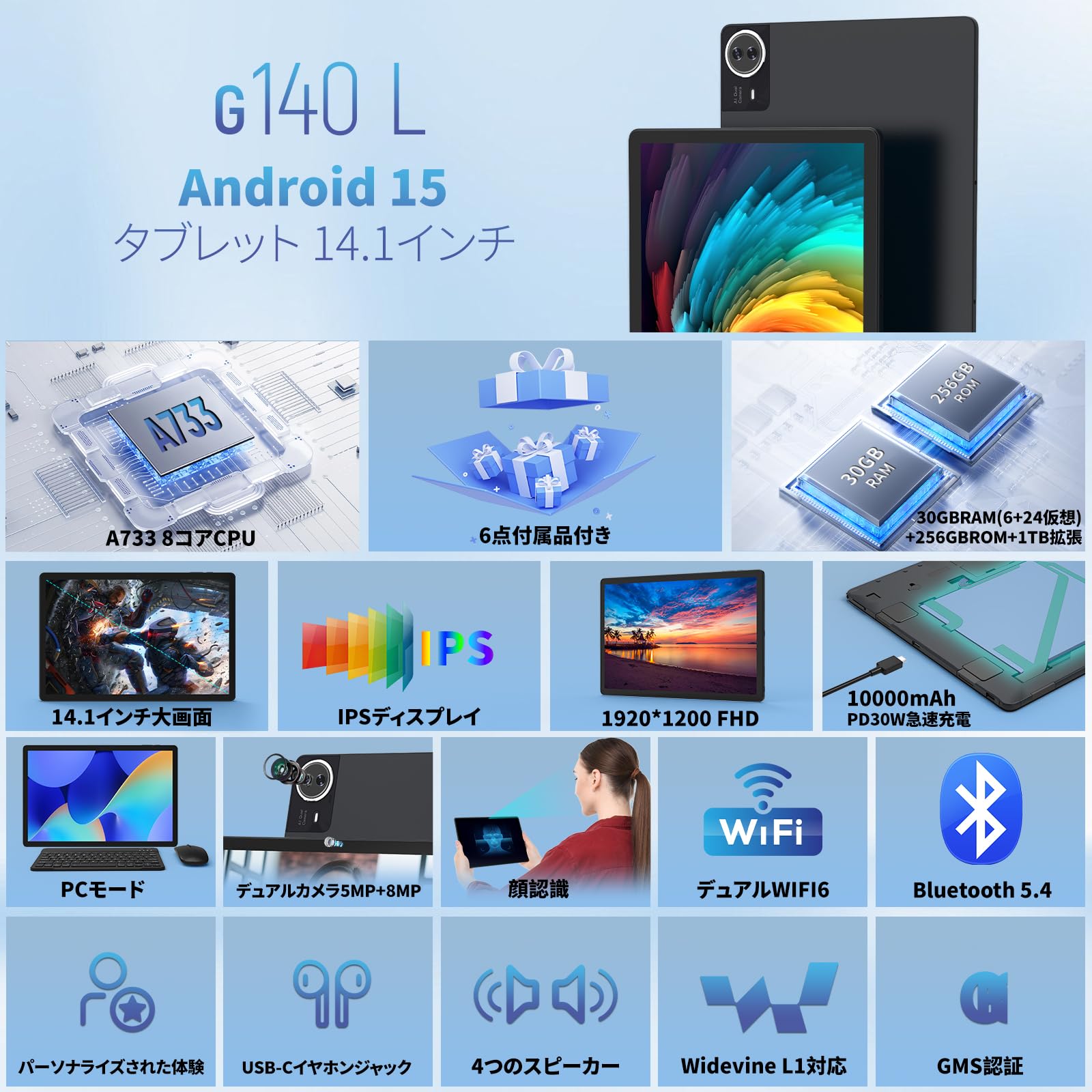 Amazon.co.jp: Android 15 タブレット 14インチ FHD IPS大画面 1920