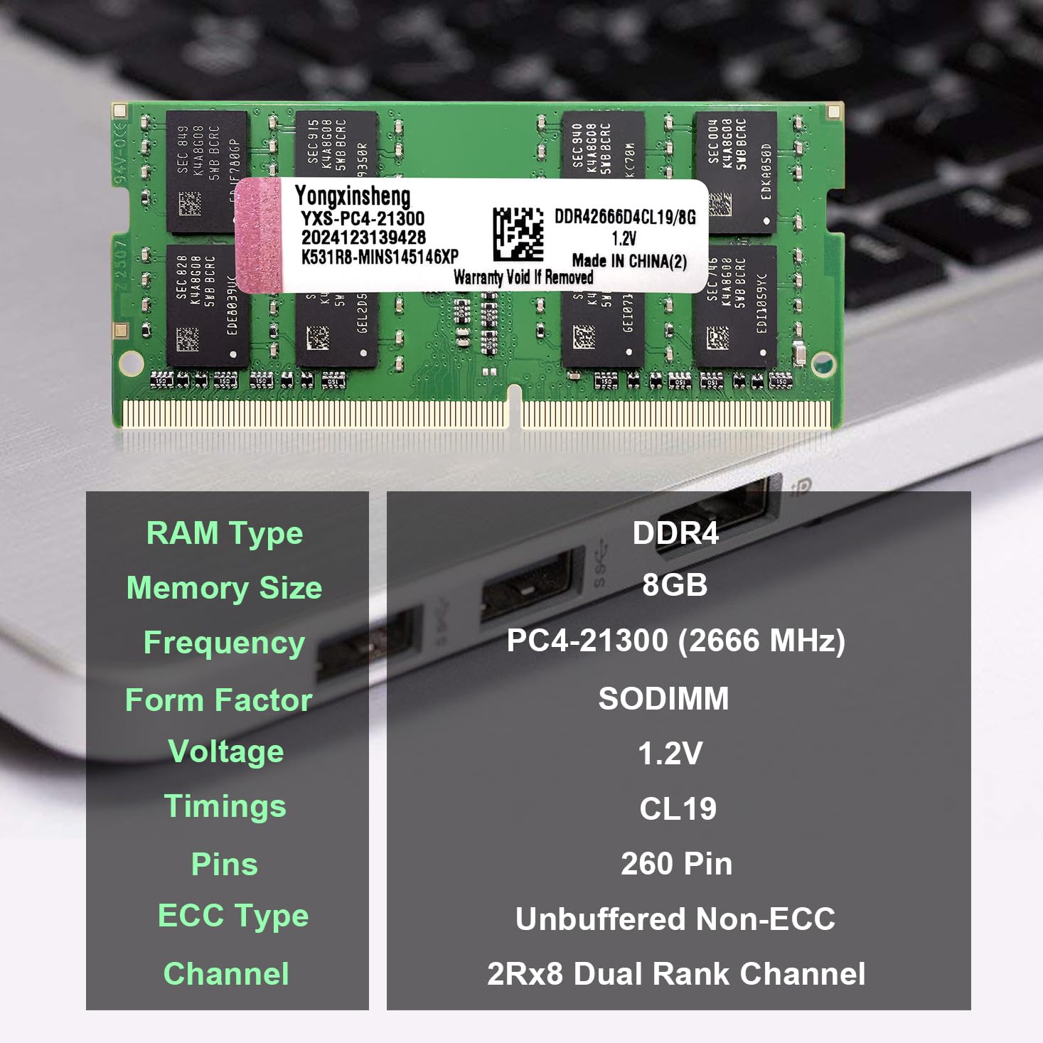 DDR4 SODIMM 2666 MHz 8 GB Laptop RAM PC4-21300 Non-ECC Unbuffered