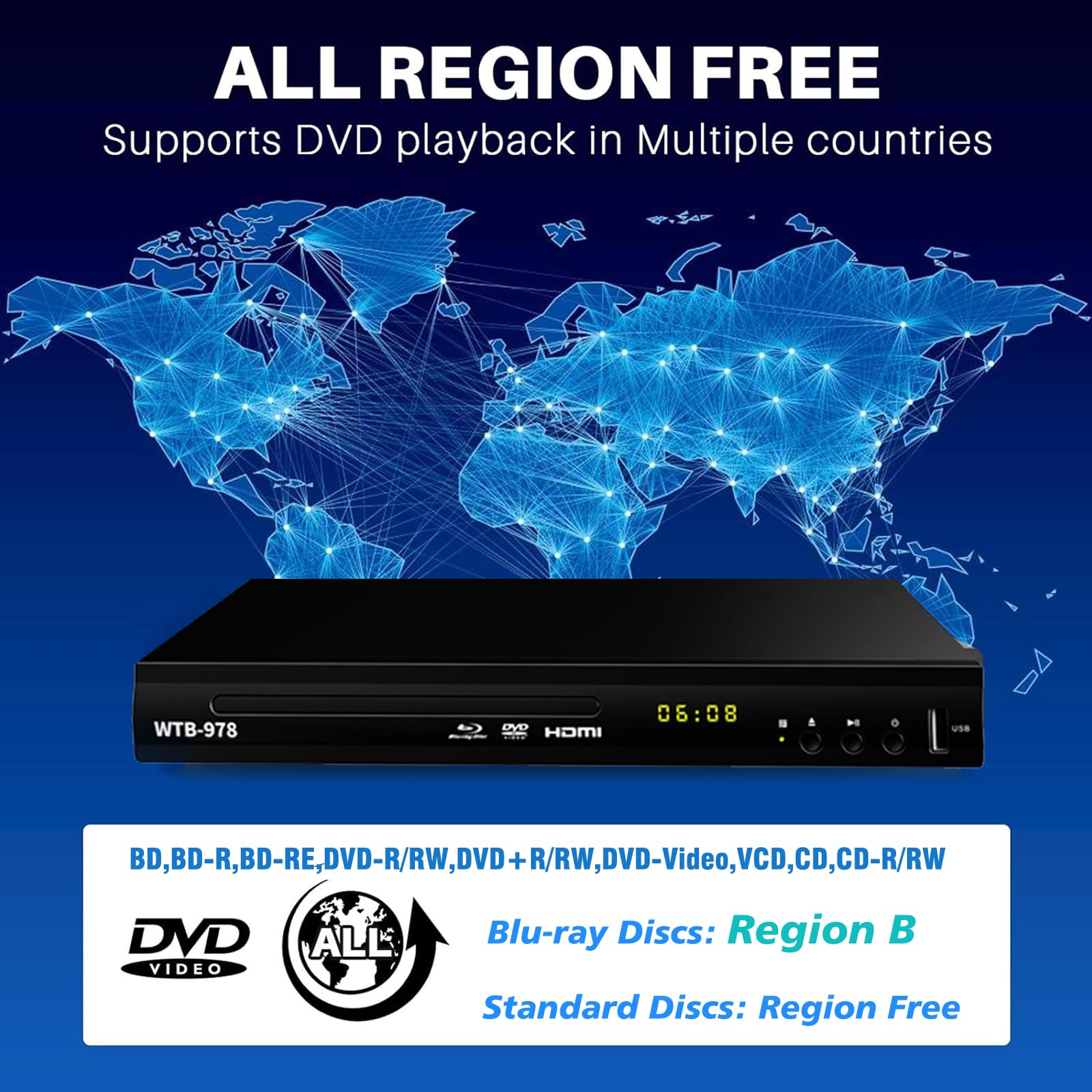 Blu Ray DVD Player, Full HD 1080P Blue Ray Player Play All DVDs