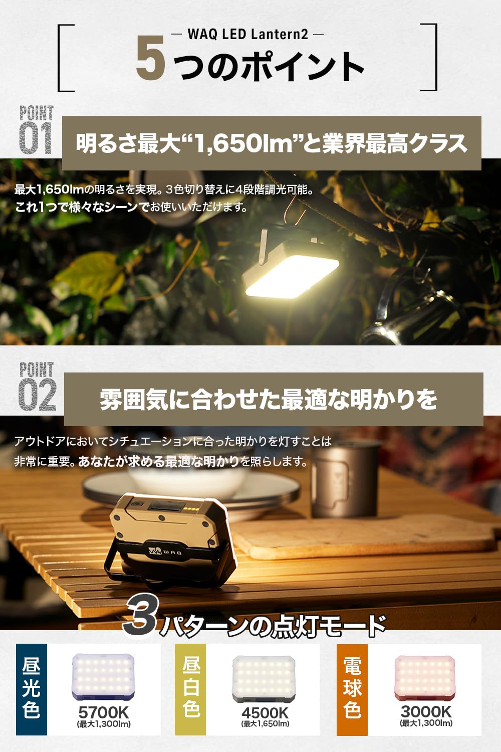 Amazon.co.jp: WAQ LEDランタン 2 暖色 電球色 昼光色 USB充電式 (1650