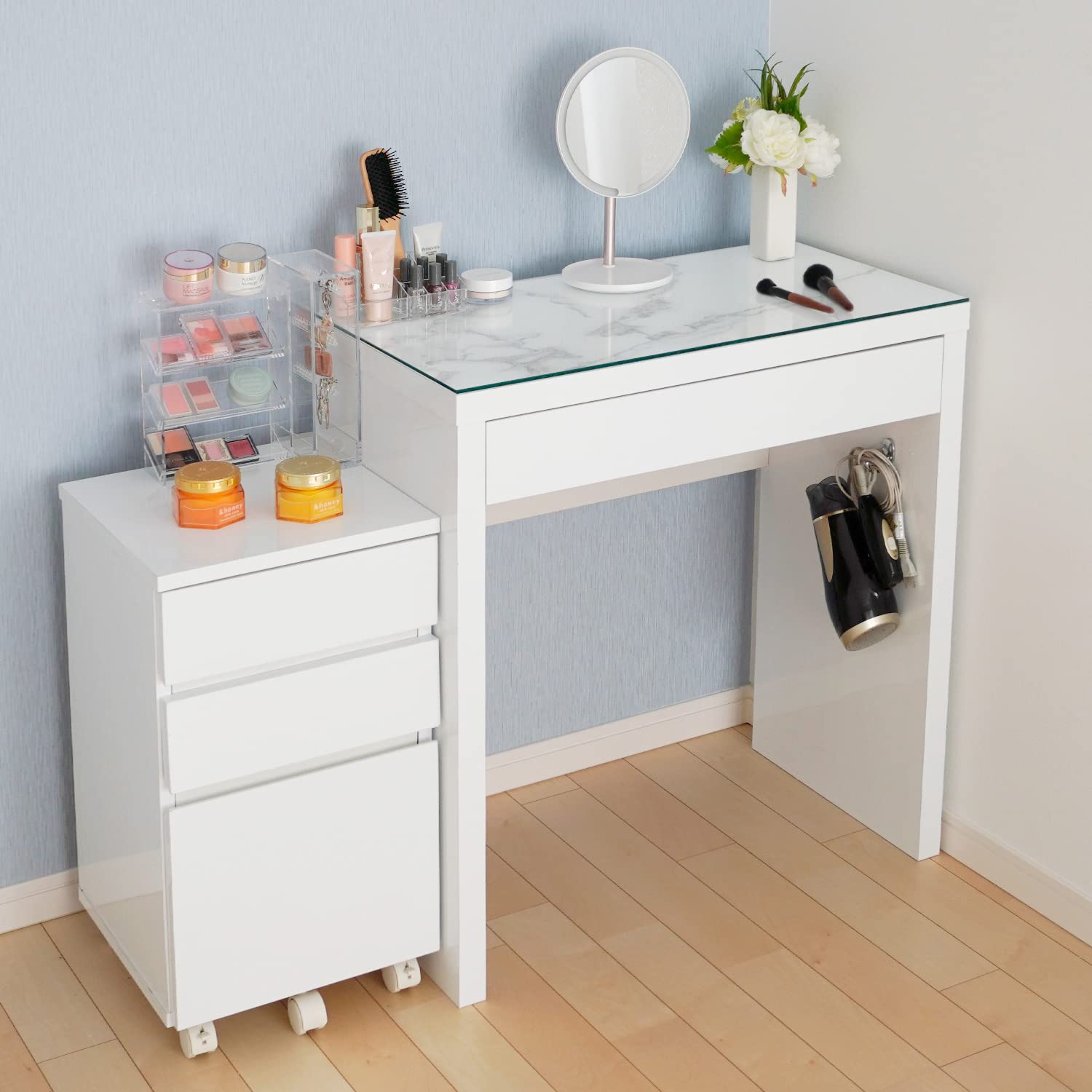 Amazon｜ドレッサーデスク 幅75cm ワゴンセット Alice 鏡面仕上げ