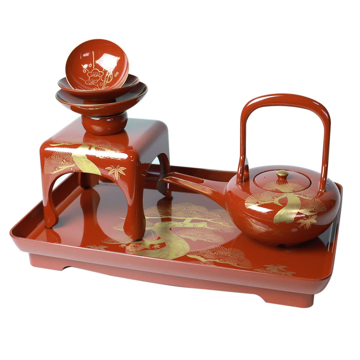 Amazon.co.jp: 日本製 屠蘇器 総朱 松竹梅 枠足 四ツ揃 会津塗り