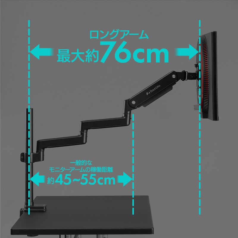 バウヒュッテから、超ロングアーム搭載のモニターアームが発売。最大