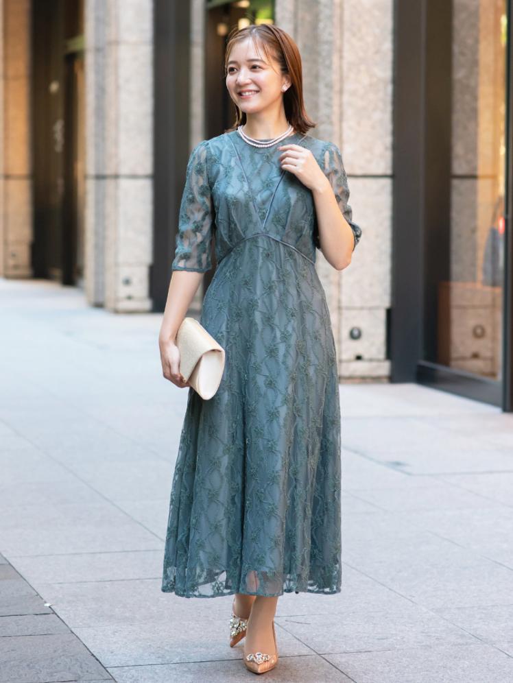 ベロアパイピングレースドレス(グリーン)CR1-420GR-M | OTONA DRESS