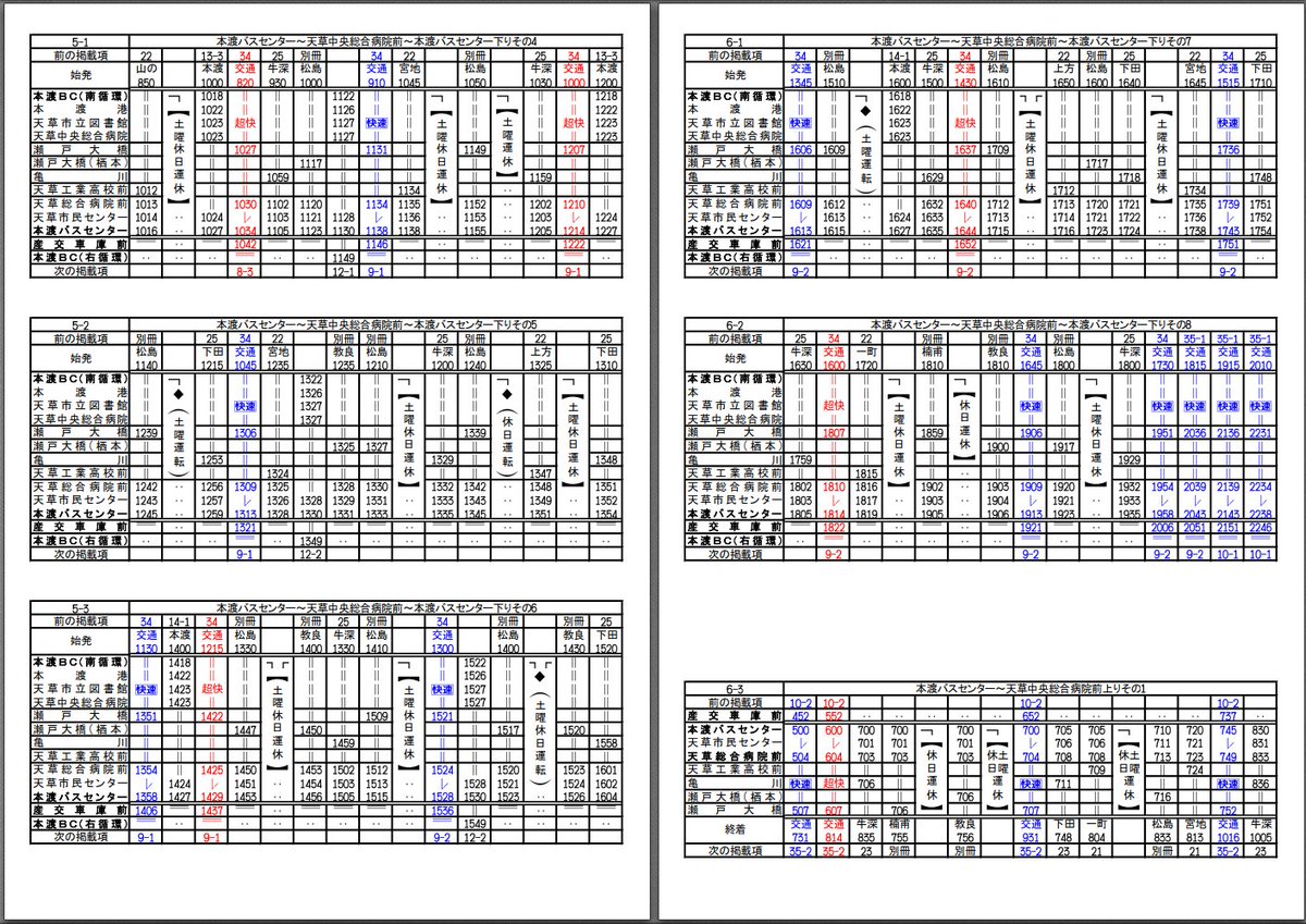 産交バスの非公式時刻表天草下島編(本渡・牛深・富岡・河浦など)作成