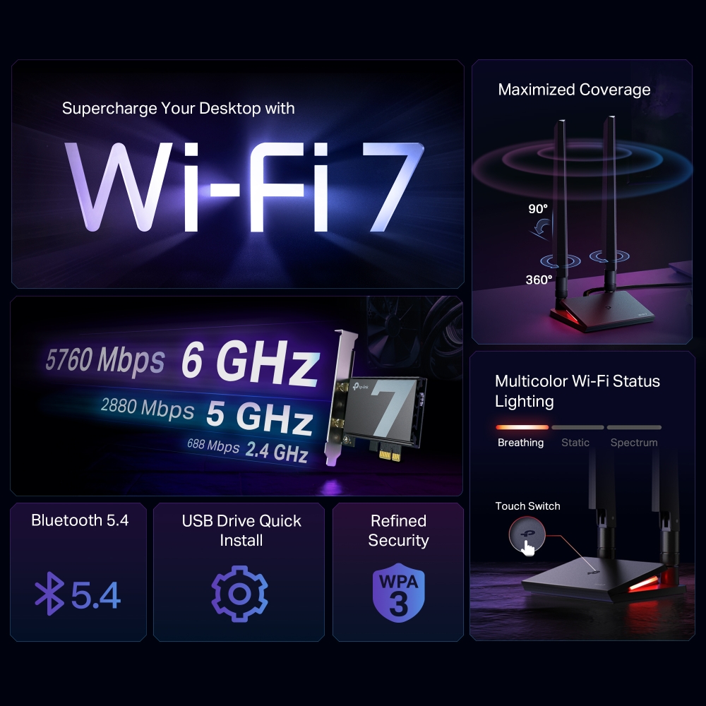 TP-Link Archer TBE550E - BE9300 Tri-Band Wi-Fi 7 Bluetooth 5.4