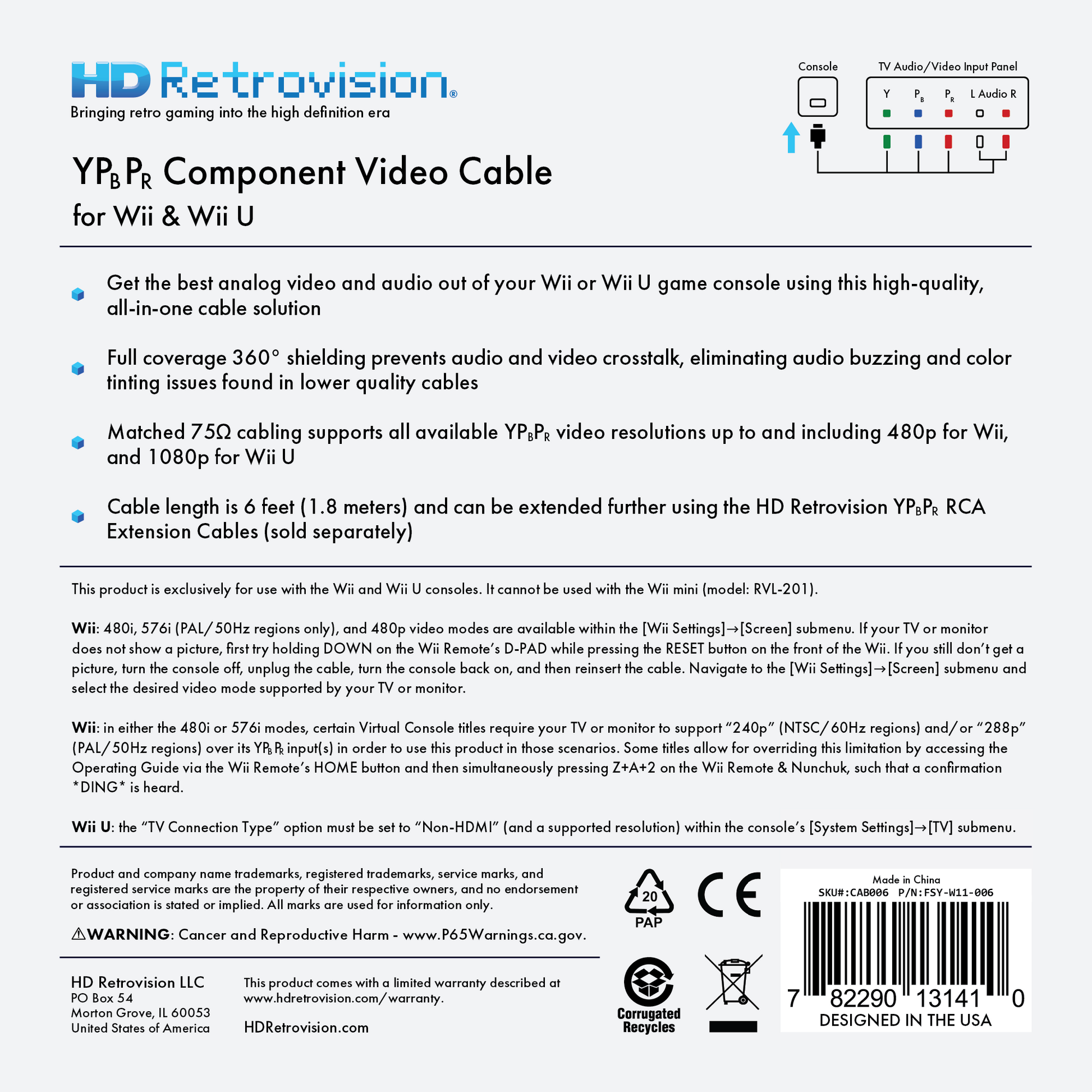 HD RETROVISION Wii YPbPr Component Cable for the Nintendo Wii/ Wii